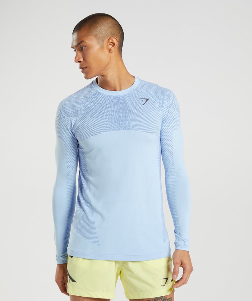 Men\'s Gymshark Apex Seamless Long Sleeve T-Shirts Light Blue | NZ 1ODHSK